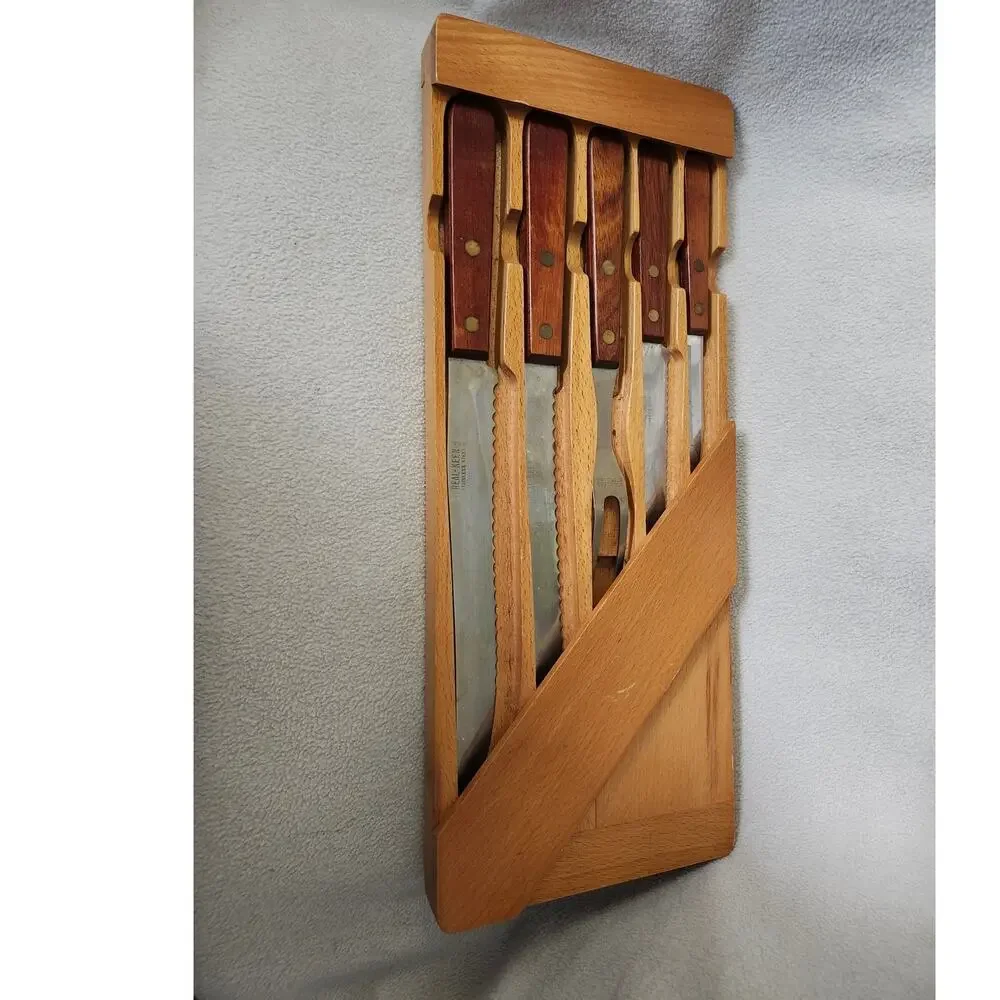 Vintage Real-Keen Wall Hanging Wood Case Knife Set 5 Pc Roast Fork